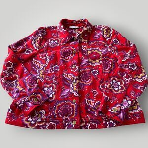 Isaac Mizrahi Live! Women's L Floral Stretch Snap Up Jacket Red Violet Pink